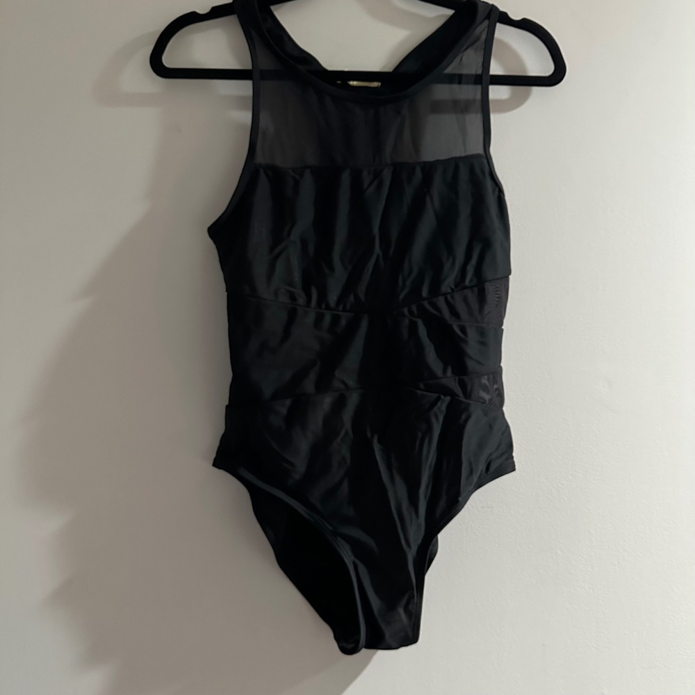 Joan Vasquez‎ Black Mesh Panel One Piece Swimsuit Racerback Size L